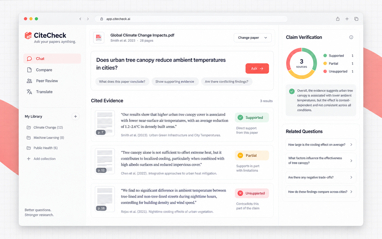 CiteCheck research-paper assistant interface showing cited evidence and claim verification